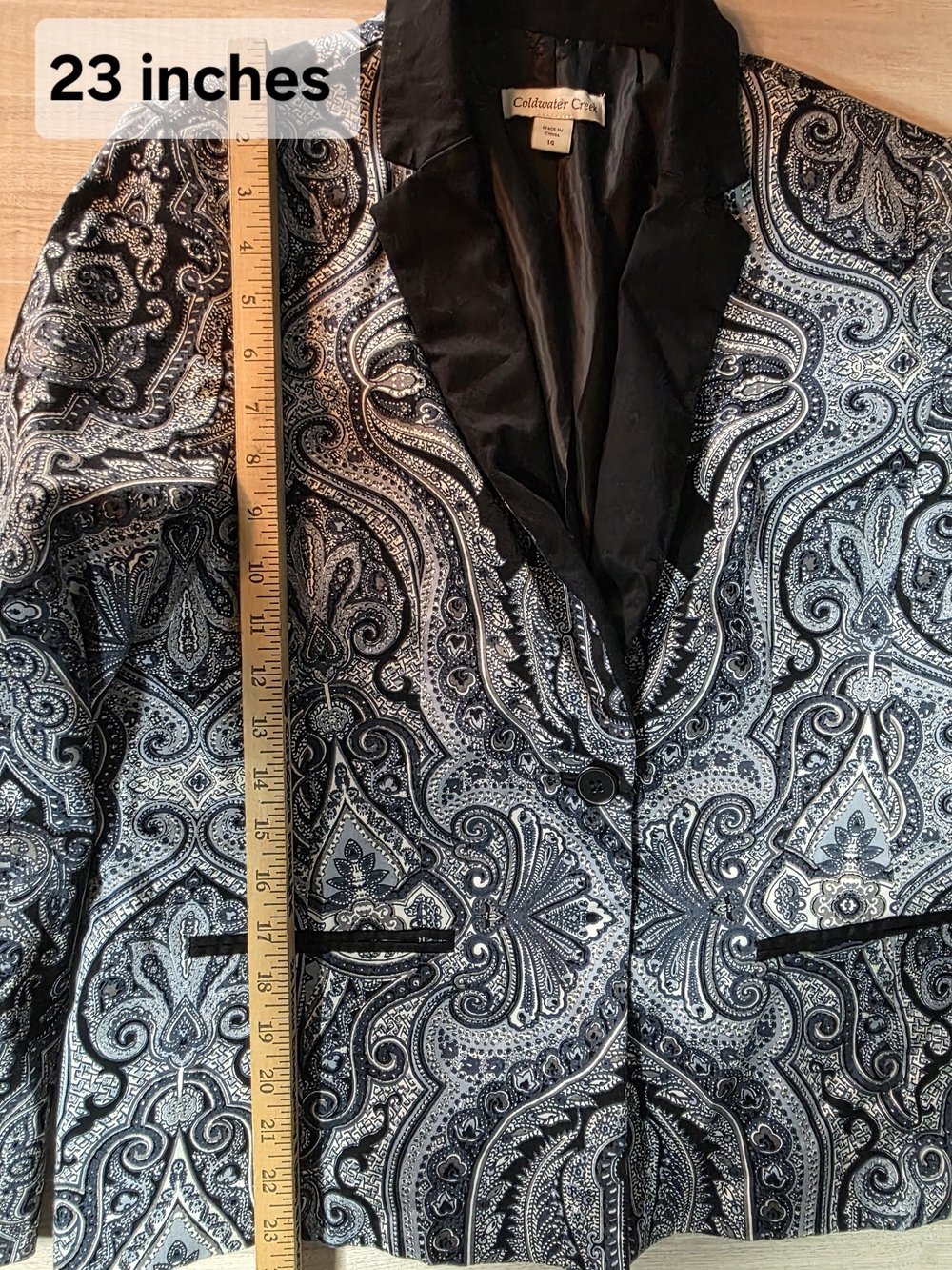 Coldwater Creek Black and White Paisley Sz 14 Woman's Blazer - Picture 8 of 9